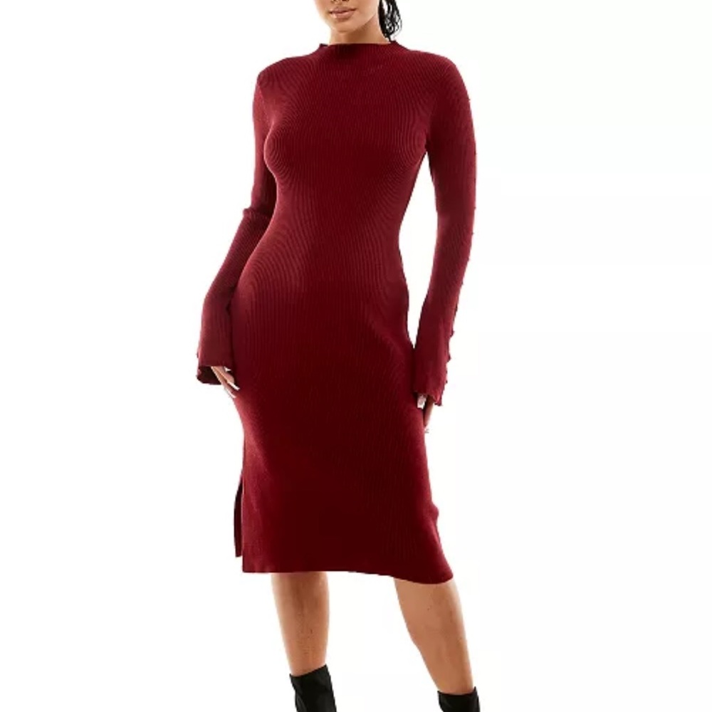 Planet Gold Red Long Sleeve Bodycon Dress with imitation pearls at each sleeve